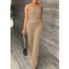 Pant Sets Women 2023 Summer Sexy Spaghetti Strap Crop Top & Loose Flare Pants Suits Casual Simple Solid Two Piece Set Outfits - SHOWLU FASHION STORE