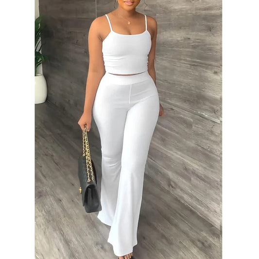 Pant Sets Women 2023 Summer Sexy Spaghetti Strap Crop Top & Loose Flare Pants Suits Casual Simple Solid Two Piece Set Outfits - SHOWLU FASHION STORE