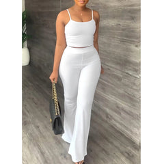 Pant Sets Women 2023 Summer Sexy Spaghetti Strap Crop Top & Loose Flare Pants Suits Casual Simple Solid Two Piece Set Outfits - SHOWLU FASHION STORE