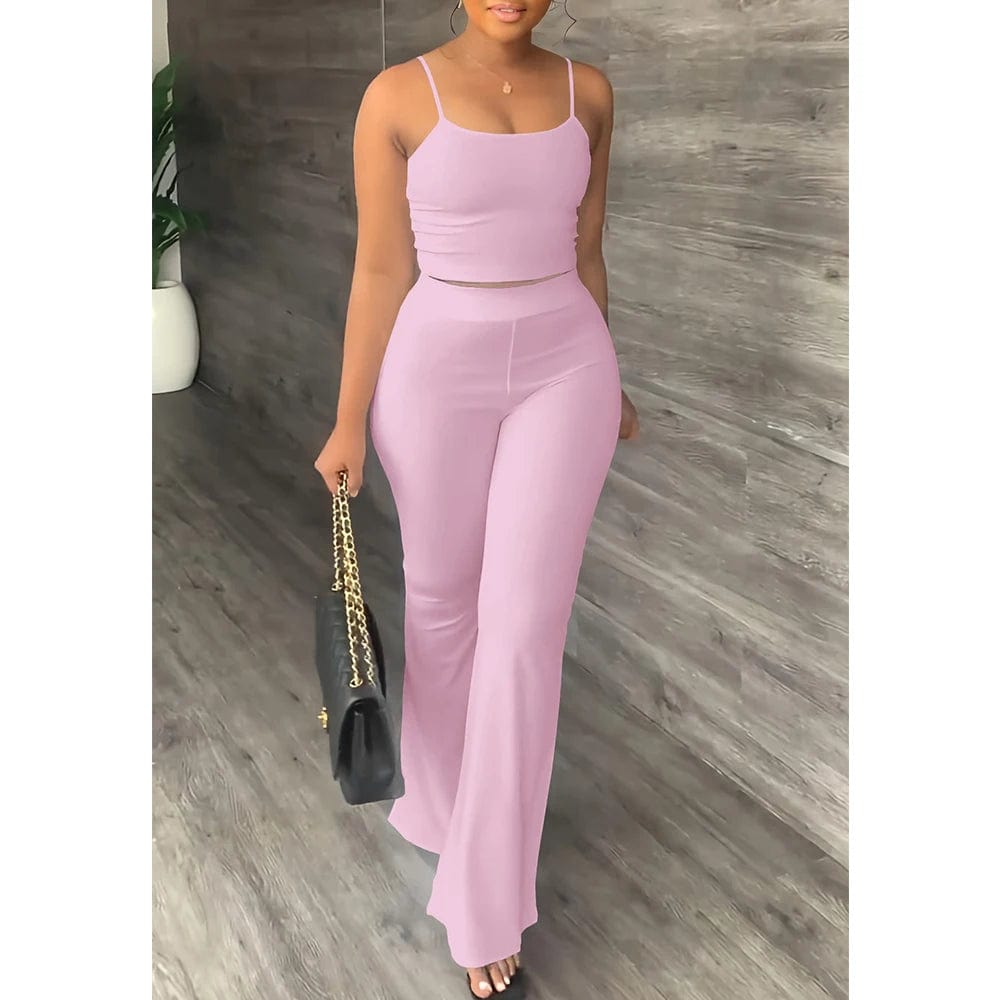 Pant Sets Women 2023 Summer Sexy Spaghetti Strap Crop Top & Loose Flare Pants Suits Casual Simple Solid Two Piece Set Outfits - SHOWLU FASHION STORE