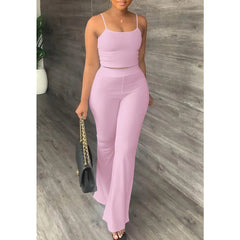 Pant Sets Women 2023 Summer Sexy Spaghetti Strap Crop Top & Loose Flare Pants Suits Casual Simple Solid Two Piece Set Outfits - SHOWLU FASHION STORE