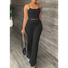 Pant Sets Women 2023 Summer Sexy Spaghetti Strap Crop Top & Loose Flare Pants Suits Casual Simple Solid Two Piece Set Outfits - SHOWLU FASHION STORE