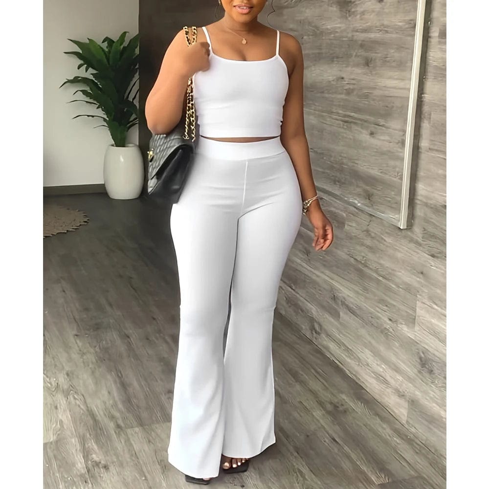 Pant Sets Women 2023 Summer Sexy Spaghetti Strap Crop Top & Loose Flare Pants Suits Casual Simple Solid Two Piece Set Outfits - SHOWLU FASHION STORE