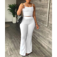 Pant Sets Women 2023 Summer Sexy Spaghetti Strap Crop Top & Loose Flare Pants Suits Casual Simple Solid Two Piece Set Outfits - SHOWLU FASHION STORE