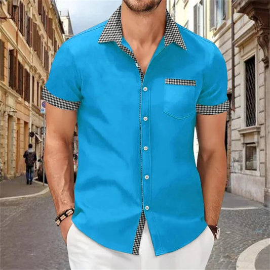 Patchwork printed shirt for men, solid color, comfortable and soft short sleeve top, large size, summer New - SHOWLU FASHION STORE