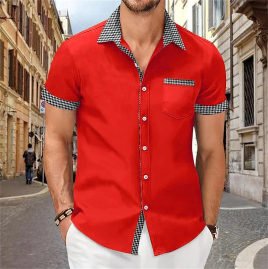 Patchwork printed shirt for men, solid color, comfortable and soft short sleeve top, large size, summer New - SHOWLU FASHION STORE
