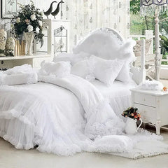 Pink Jacquard Satin Bedspread Bedding Set Luxury Princess Wedding Bed Set Lace Ruffle Duvet Cover Bed Skirt Pillowcases Cotton - SHOWLU FASHION STORE