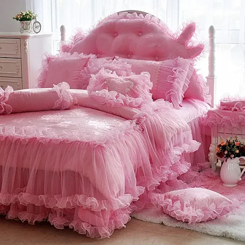 Pink Jacquard Satin Bedspread Bedding Set Luxury Princess Wedding Bed Set Lace Ruffle Duvet Cover Bed Skirt Pillowcases Cotton - SHOWLU FASHION STORE