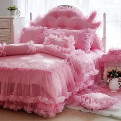 Pink Jacquard Satin Bedspread Bedding Set Luxury Princess Wedding Bed Set Lace Ruffle Duvet Cover Bed Skirt Pillowcases Cotton - SHOWLU FASHION STORE