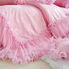 Pink Jacquard Satin Bedspread Bedding Set Luxury Princess Wedding Bed Set Lace Ruffle Duvet Cover Bed Skirt Pillowcases Cotton - SHOWLU FASHION STORE