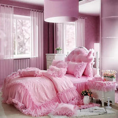 Pink Jacquard Satin Bedspread Bedding Set Luxury Princess Wedding Bed Set Lace Ruffle Duvet Cover Bed Skirt Pillowcases Cotton - SHOWLU FASHION STORE