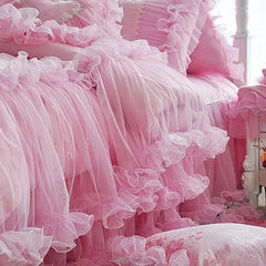 Pink Jacquard Satin Bedspread Bedding Set Luxury Princess Wedding Bed Set Lace Ruffle Duvet Cover Bed Skirt Pillowcases Cotton - SHOWLU FASHION STORE