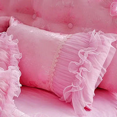 Pink Jacquard Satin Bedspread Bedding Set Luxury Princess Wedding Bed Set Lace Ruffle Duvet Cover Bed Skirt Pillowcases Cotton - SHOWLU FASHION STORE