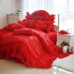Pink Jacquard Satin Bedspread Bedding Set Luxury Princess Wedding Bed Set Lace Ruffle Duvet Cover Bed Skirt Pillowcases Cotton - SHOWLU FASHION STORE