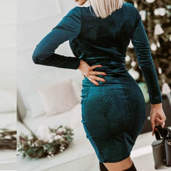 Pleated Sexy Pleuche Irregular Long Sleeve Dress - SHOWLU FASHION STORE