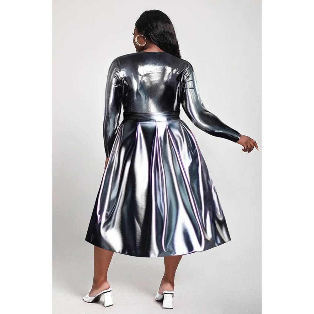 Plus Size Daily Midi Dresses Casual Silver Fall Winter Crew Neck Long Sleeve Glitter Fabric Midi Dresses - SHOWLU FASHION STORE