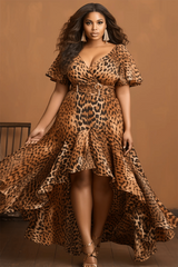Plus Size Semi Formal Midi Dresses Brown Leopard Wrap Neck Puff Sleeve Short Sleeve Pleated Chiffon Midi Party Dresses - SHOWLU FASHION STORE