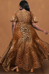 Plus Size Semi Formal Midi Dresses Brown Leopard Wrap Neck Puff Sleeve Short Sleeve Pleated Chiffon Midi Party Dresses - SHOWLU FASHION STORE