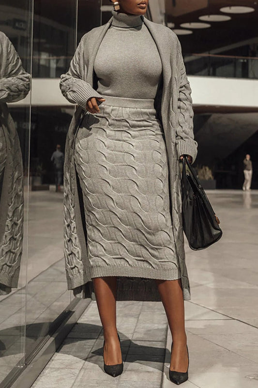 Plus Size Women Fall Winter Daily Cardigan Ash Cable Knit Cardigan With Dual Pocket - SHOWLU FASHION STORE