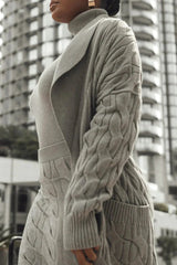 Plus Size Women Fall Winter Daily Cardigan Ash Cable Knit Cardigan With Dual Pocket - SHOWLU FASHION STORE