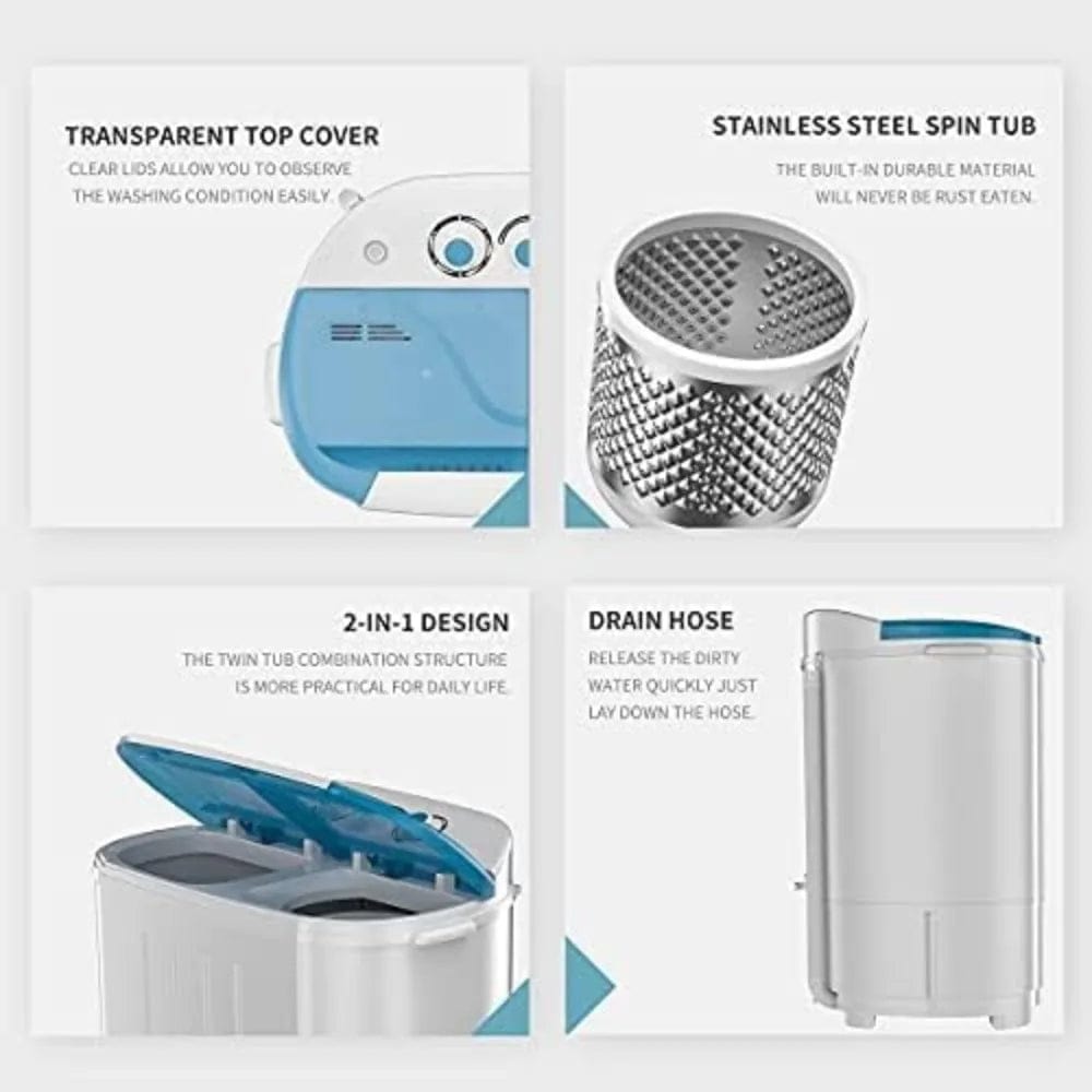 Portable Washing Machine, Twin Tub Washing Machine Compact spinner Combo with 14lbs capacity, 9Lbs Washer and 5Lbs Spinner Dryer - SHOWLU FASHION STORE