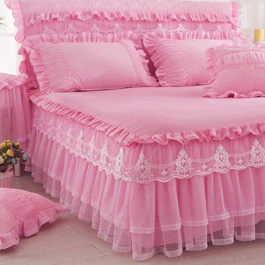 Princess 1 Piece Lace Bed Skirt + 2 Piece Pillowcases Bedding Bedspreads Sheet Pink Lace Bedding Set Bed For Girl Bed Cover - SHOWLU FASHION STORE