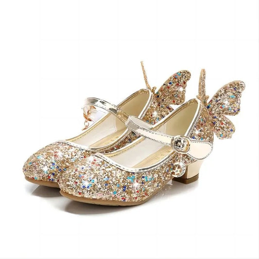 Princess Butterfly Leather Shoes Kids Diamond Bowknot High Heel Children Girl Dance Glitter Shoes Fashion Girls Party Dance Shoe - SHOWLU FASHION STORE