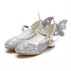 Princess Butterfly Leather Shoes Kids Diamond Bowknot High Heel Children Girl Dance Glitter Shoes Fashion Girls Party Dance Shoe - SHOWLU FASHION STORE