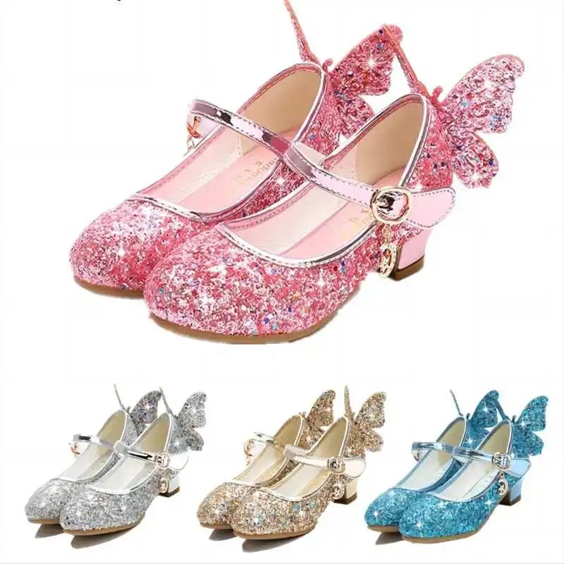 Princess Butterfly Leather Shoes Kids Diamond Bowknot High Heel Children Girl Dance Glitter Shoes Fashion Girls Party Dance Shoe - SHOWLU FASHION STORE