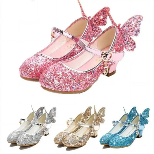 Princess Butterfly Leather Shoes Kids Diamond Bowknot High Heel Children Girl Dance Glitter Shoes Fashion Girls Party Dance Shoe - SHOWLU FASHION STORE