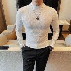 Printed Semi Turtleneck Elastic T-shirt For Men Clothing Autumn New Long Sleeves Jacquard Tight - Fitting Solid Color Slim - fit Tee - SHOWLU FASHION STORE