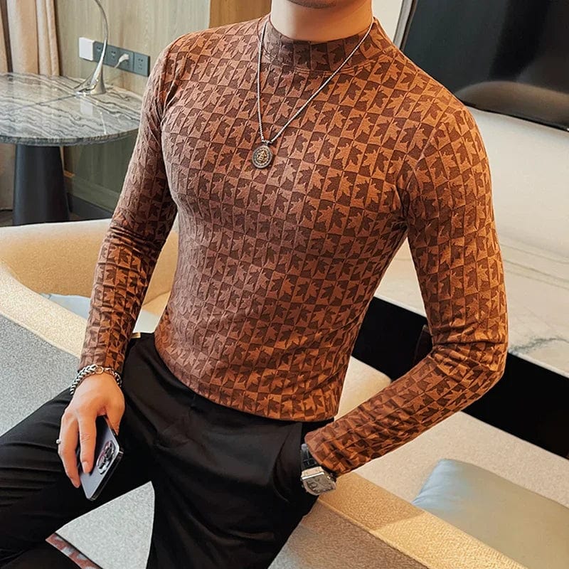 Printed Semi Turtleneck Elastic T-shirt For Men Clothing Autumn New Long Sleeves Jacquard Tight - Fitting Solid Color Slim - fit Tee - SHOWLU FASHION STORE