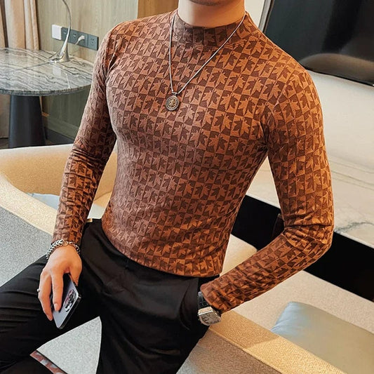 Printed Semi Turtleneck Elastic T-shirt For Men Clothing Autumn New Long Sleeves Jacquard Tight - Fitting Solid Color Slim - fit Tee - SHOWLU FASHION STORE