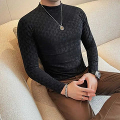 Printed Semi Turtleneck Elastic T-shirt For Men Clothing Autumn New Long Sleeves Jacquard Tight - Fitting Solid Color Slim - fit Tee - SHOWLU FASHION STORE