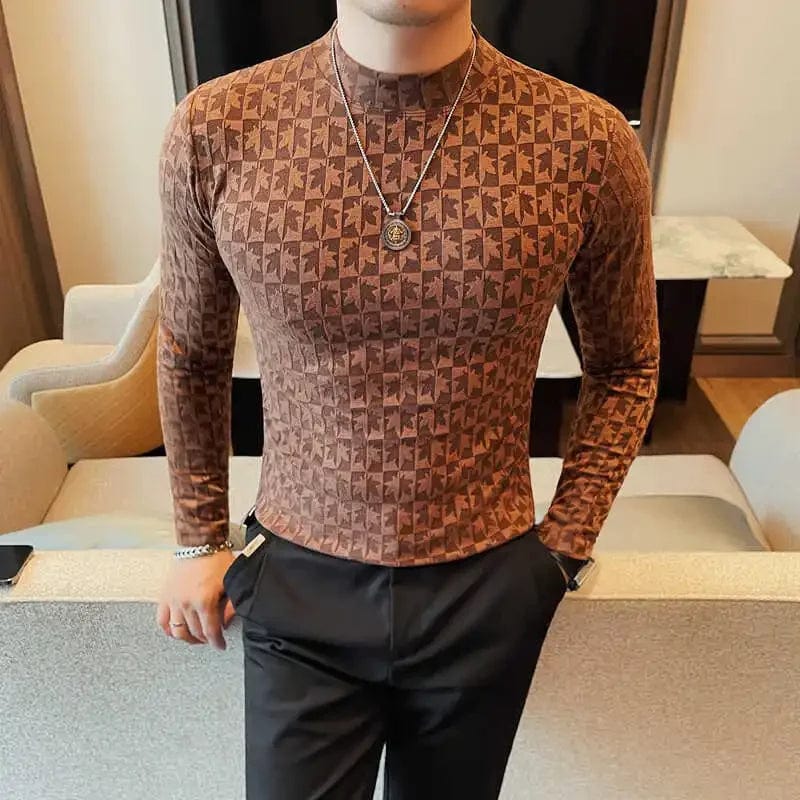 Printed Semi Turtleneck Elastic T-shirt For Men Clothing Autumn New Long Sleeves Jacquard Tight - Fitting Solid Color Slim - fit Tee - SHOWLU FASHION STORE