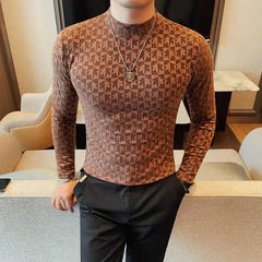 Printed Semi Turtleneck Elastic T-shirt For Men Clothing Autumn New Long Sleeves Jacquard Tight - Fitting Solid Color Slim - fit Tee - SHOWLU FASHION STORE