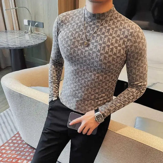 Printed Semi Turtleneck Elastic T-shirt For Men Clothing Autumn New Long Sleeves Jacquard Tight - Fitting Solid Color Slim - fit Tee - SHOWLU FASHION STORE