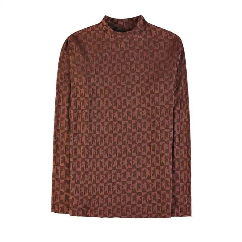 Printed Semi Turtleneck Elastic T-shirt For Men Clothing Autumn New Long Sleeves Jacquard Tight - Fitting Solid Color Slim - fit Tee - SHOWLU FASHION STORE