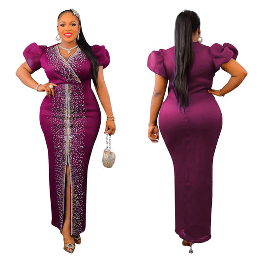 Puff Sleeve Birthday Party Prom Rhinestone Slit Dress Long Luxury Elegant Women Night Club Wedding Evening Sexy Bodycon Dresses - SHOWLU FASHION STORE