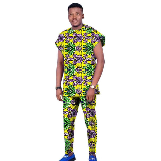 Raglan Sleeve Design Summer African Men's Set Tops+Elastic Waist Pants Print Outfits Tailored Nigerian Party Wear - SHOWLU FASHION STORE