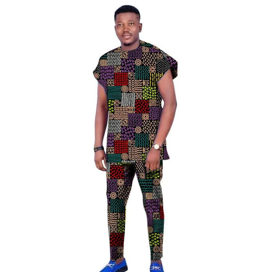Raglan Sleeve Design Summer African Men's Set Tops+Elastic Waist Pants Print Outfits Tailored Nigerian Party Wear - SHOWLU FASHION STORE