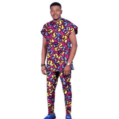 Raglan Sleeve Design Summer African Men's Set Tops+Elastic Waist Pants Print Outfits Tailored Nigerian Party Wear - SHOWLU FASHION STORE