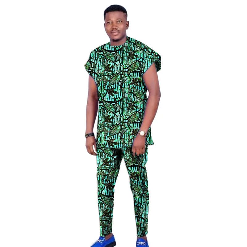 Raglan Sleeve Design Summer African Men's Set Tops+Elastic Waist Pants Print Outfits Tailored Nigerian Party Wear - SHOWLU FASHION STORE