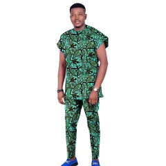 Raglan Sleeve Design Summer African Men's Set Tops+Elastic Waist Pants Print Outfits Tailored Nigerian Party Wear - SHOWLU FASHION STORE