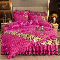 RainFire 4 Pcs Thickened Duvet Cover Golden Spike Lace Bed Skirt Embroidery Solid Cotton Bed Spread Velvet Warmth Bed Spread Set - SHOWLU FASHION STORE
