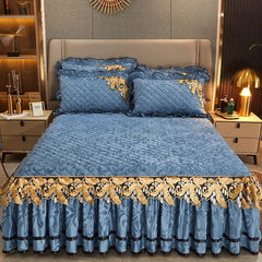 RainFire 4 Pcs Thickened Duvet Cover Golden Spike Lace Bed Skirt Embroidery Solid Cotton Bed Spread Velvet Warmth Bed Spread Set - SHOWLU FASHION STORE