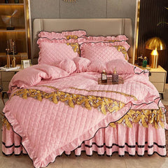 RainFire 4 Pcs Thickened Duvet Cover Golden Spike Lace Bed Skirt Embroidery Solid Cotton Bed Spread Velvet Warmth Bed Spread Set - SHOWLU FASHION STORE