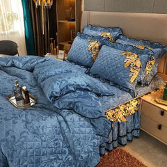 RainFire 4 Pcs Thickened Duvet Cover Golden Spike Lace Bed Skirt Embroidery Solid Cotton Bed Spread Velvet Warmth Bed Spread Set - SHOWLU FASHION STORE