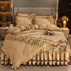 RainFire 4 Pcs Thickened Duvet Cover Golden Spike Lace Bed Skirt Embroidery Solid Cotton Bed Spread Velvet Warmth Bed Spread Set - SHOWLU FASHION STORE