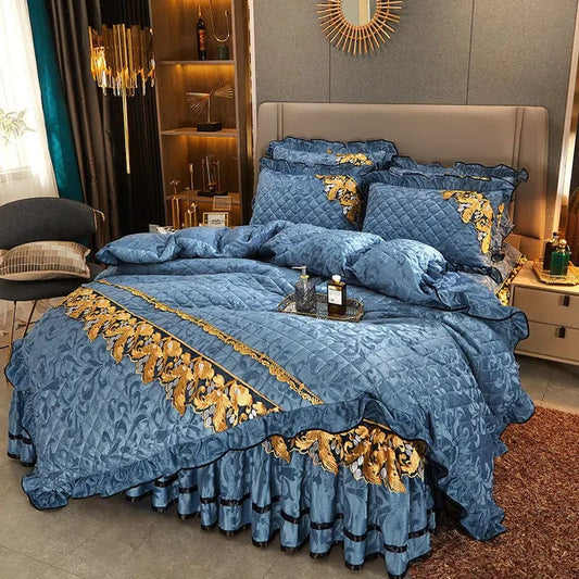 RainFire 4 Pcs Thickened Duvet Cover Golden Spike Lace Bed Skirt Embroidery Solid Cotton Bed Spread Velvet Warmth Bed Spread Set - SHOWLU FASHION STORE